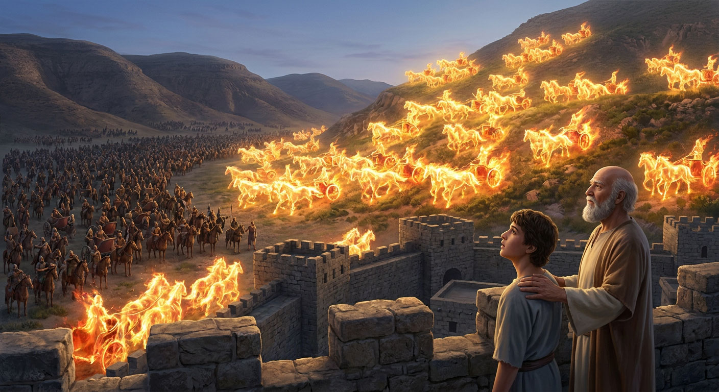 Elisha reveals the invisible surrounding army to his young servant